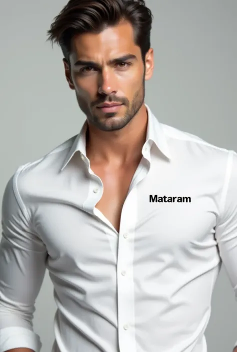 Create a handsome man wearing a white shirt, the shirt has the text "Mataram" written on it.