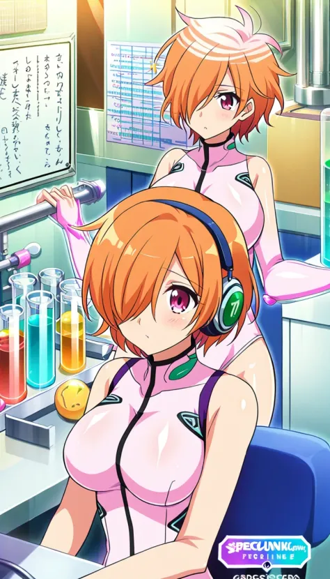 1girl, shiny skin, speedlines, perfect face, intricate details, size difference, laboratory, score_9, score_8_up, score_7_up, rating_safe, source_anime, Colored, Tomboy, short hair, orange hair, pink eyes, vegapunk_lilith, Light pink bodysuit, sleeveless, headphones, purple jacket, hair over one eye, heavy blush, large breasts, Hourglass figure, Athletic body, Slim-fit body