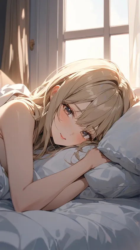 One Girl、Calm expression、Short blonde、Lying on the bed、Relaxed posture BREAK By the window in my room、(Soft Light):1.3、Curtains swaying in the wind、Quiet space BREAK My favorite blanket on the bed、Surrounded by favorite items、Heartwarming scene、The peace of your own home、absurdres, highres, ultra detailed, beautiful, masterpiece, best quality