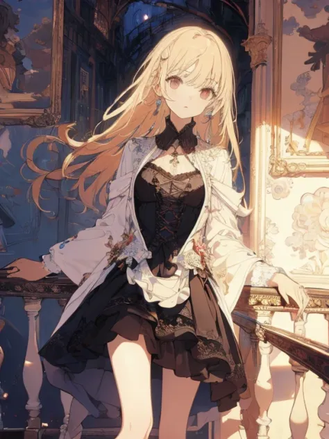 (masterpiece),((ultra-detailed)), (super-resolution),(expressionless), (best quality:1.2),((masterpiece, best quality)), (1girl), (solo),going up a spiral staircase((overhead view))