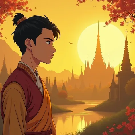 Anime style illustration of a handsome Khmer man with black hair and black eyes. Wear gorgeous traditional Khmer clothes. The man stood there with calm eyes. The backdrop is a dreamy, otherworldly Khmer temple landscape bathed in warm yellow and gold tones. The serene mood of the piece enhances the ethereal atm Negative Tips: ng_deepnegative_v1_75t, (badhandv4: 1.2), EasyNegative, (worst quality: 2), nsfw steps: 20, sampler: Euler, CFG scale: 7.5, seed: 3783517201, size ) , EasyNegative , (worst quality: 2), nsfw steps: 48, sampler: Euler, CFG scale: 21.0, seed: 3316641591, size: 1024x1024, model hash: 8cba4f1ef4, model: Flux1 Model Family. Forest Labs_FLUX.1- dev-fp8 .safetensors, denoising strength: 0, RNG: CPU, vae_name: automatic negative hint: ng_deepnegative_v1_75t,(badhandv4:1.2),EasyNegative,(badhand:2),,nsf:2),, 39w step quality, Sampler: Euler, CFG Scale: 21.0, Seed: 1149739334, Size: 1024x1024, Model hash: 8cba4f1ef4, Model: Flux.1 Model Family_Black Forest Labs_FLUX.1-dev-fp8.safetensors, Denoise Strength: Denoise Strength :Denoise intensity:CPU,vae_name:automatic