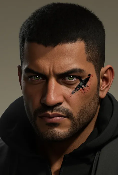 A tanned brown man with green eyes, short black hair, with a scar over his right eye