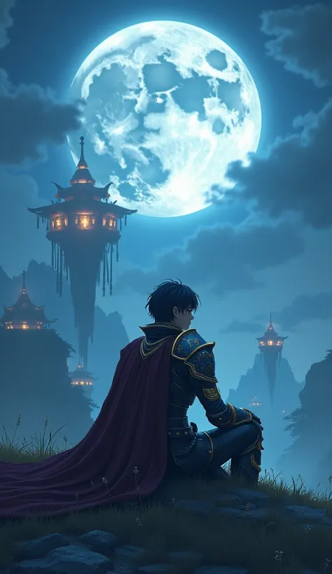 A serene yet mystical scene of an anime-inspired warrior resting on a hill, their sword planted in the ground. The character wears intricately detailed armor with glowing runes, and their cape flows gently in the breeze. Behind them, a massive full moon illuminates a fantasy landscape with floating islands and magical lights. The atmosphere is peaceful yet filled with mystery. --v 6.1 --ar 16:9 --no overly modern elements --no daytime lighting