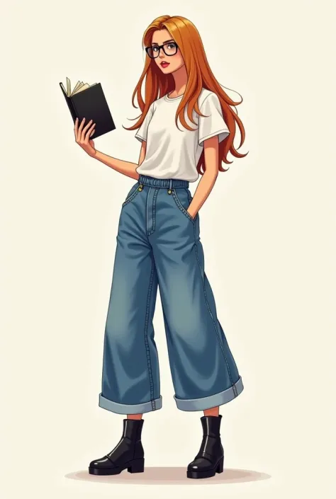 Personnage féminin mignon avec de longs cheveux châtains lisses et une frange comme dans les mangas, avec des lunettes de vue, avec un jean large bleu foncé et long et un t-shirt blanc avec des bottines noires à talons sans lacets et un livre dans sa main