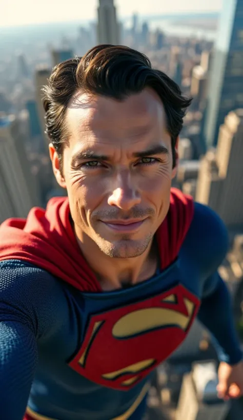 Henry Cavill as current Superman taking a selfie flying above Metropolis city, close-up