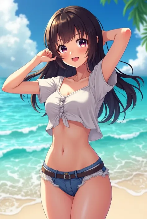 Generate an anime girl with dark brown hair with dark brown eyes, lenses and with shorts and beach blouse and who has prominent attributes and a small size