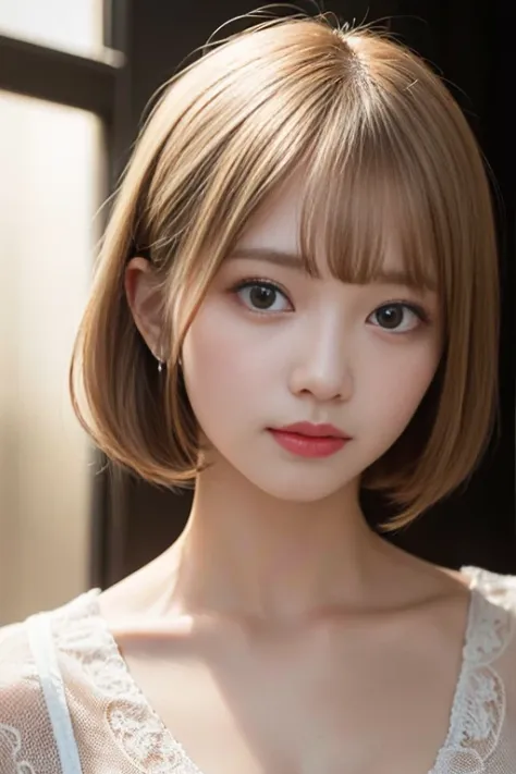 (8K, Raw photo:1.2),Detailed face and eyes,Best Quality, 超A high resolution, Highly detailed ,intricate detailes ,masutepiece ,Cute Girl , Soft cinematic light, Hyper-detailing, High quality,a blond, bob cuts, knit, The mesh is large