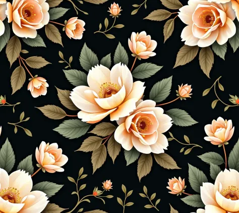 A seamless floral pattern featuring large, intricate flowers in shades of cream, gold, and soft peach, set against a deep black background. The design includes various blooms and leafy green stems, creating a rich, elegant look with a contrast between the delicate details of the flowers and the bold background.