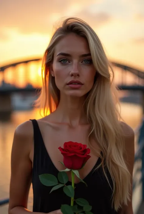 a young woman with blue eyes . big, shiny lips with gloss. bright tanned skin with highlighter . long golden blonde hair .dressed in a black vest. holding a red rose. in the background , a sunset on a bridge . urban style