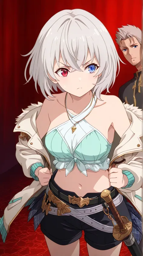 1girl, short hair, silver hair, solo focus, Highress, 2k, best quality, face details, solo girl, fighting poses, solo focus.
Eyes:
Heterochromia iridis),(left eye,Red eyes),(right eye,blue eyes),
Clothing Description:
Top: Wearing a white crop top with black straps, layered with black mesh covering the neckline.
Outerwear: An oversized white bomber jacket with red and black accents on the inside. The red lining features a quilted pattern, adding a stylish detail.
Additional Accessories: A necklace with a triangular pendant and chain straps hanging from the belt, with a sword in a room, shadowverse style, shadowverse, detailed key anime art, high detailed official artwork, detailed fantasy art, extremely detailed artgerm, anime fantasy artwork,
Bottom: Black shorts with red accents, featuring metallic chains and straps wrapping around the waist. Buckles and straps add a utilitarian touch.
Background:
Fantasy vibes, rpg style,