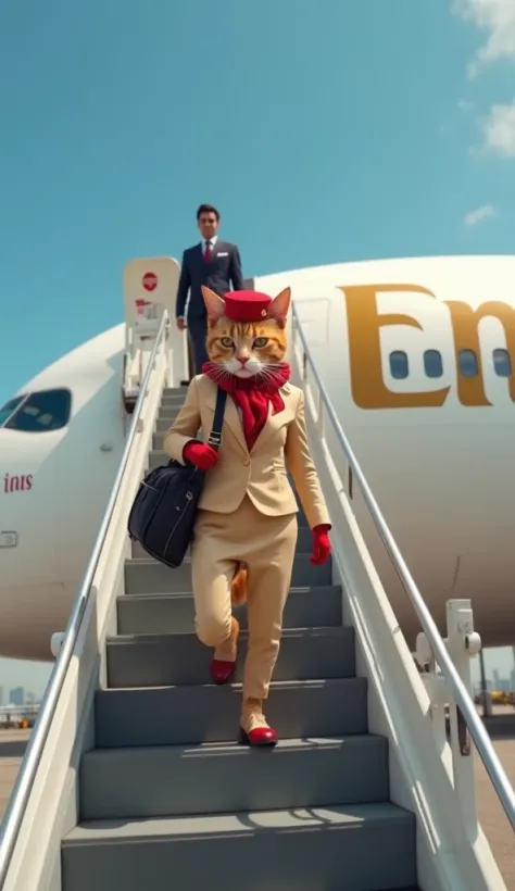 Create a realistic image of a heroic anthropomorphic cat boarding an airplane via a staircase on an airport tarmac. The cat is dressed as a professional flight attendant in a beige uniform with red accents, including a red hat and a matching bag. The cat is walking up the stairs confidently, cat should walking up to the flight in flight stairs. carrying a black travel bag, with the airplane featuring the recognizable 'Emirates' branding in the background. A pilot, also depicted as a professional anthropomorphic figure, follows behind, adding a dynamic sense of teamwork and preparation for the journey. The scene is set under a bright blue sky, emphasizing adventure and professionalism."