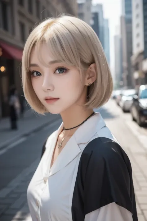 Curly Bob Cut, platinum-haired woman wearing an orange collared shirt is posing for a photo in the city, 8k artgerm bokeh , well-balanced body , 美しい Korean woman , Gorgeous Necklace, 美しい若い Korean woman , soft portrait shot 8K , Korean Girl, Double eyelids and narrow eyes, Beautiful grey eyes, Trans8K, cute young woman, Korean woman , beautiful blonde girl wearing nun cosplay