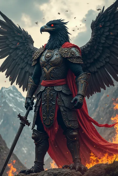 "Imagine Albania as a powerful animal warrior, embodying the nation's strength, resilience, and warrior spirit. The warrior takes the form of a mighty black eagle, symbolizing Albania’s national emblem, with piercing red eyes and massive wings adorned with intricate battle armor. Its armor is forged from dark steel and engraved with ancient Illyrian symbols, radiating an aura of strength and honor. The eagle warrior wields powerful weapons, such as a double-edged sword or a flaming spear, representing Albania’s historic battles and indomitable will. The background features towering mountains, reminiscent of the rugged Albanian landscape, with storm clouds swirling above, adding to the warrior’s imposing presence. Its stance is fierce and unyielding, ready to defend its homeland with unwavering determination."