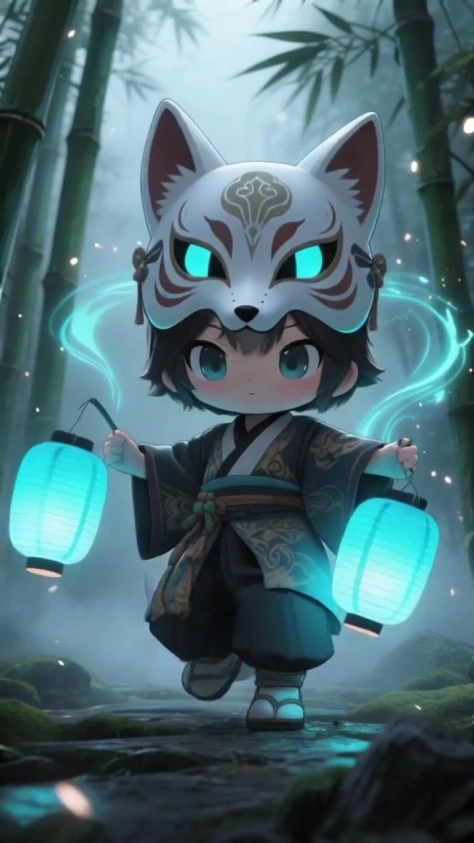 霧の竹林で踊る狐面のちびっこ✨
