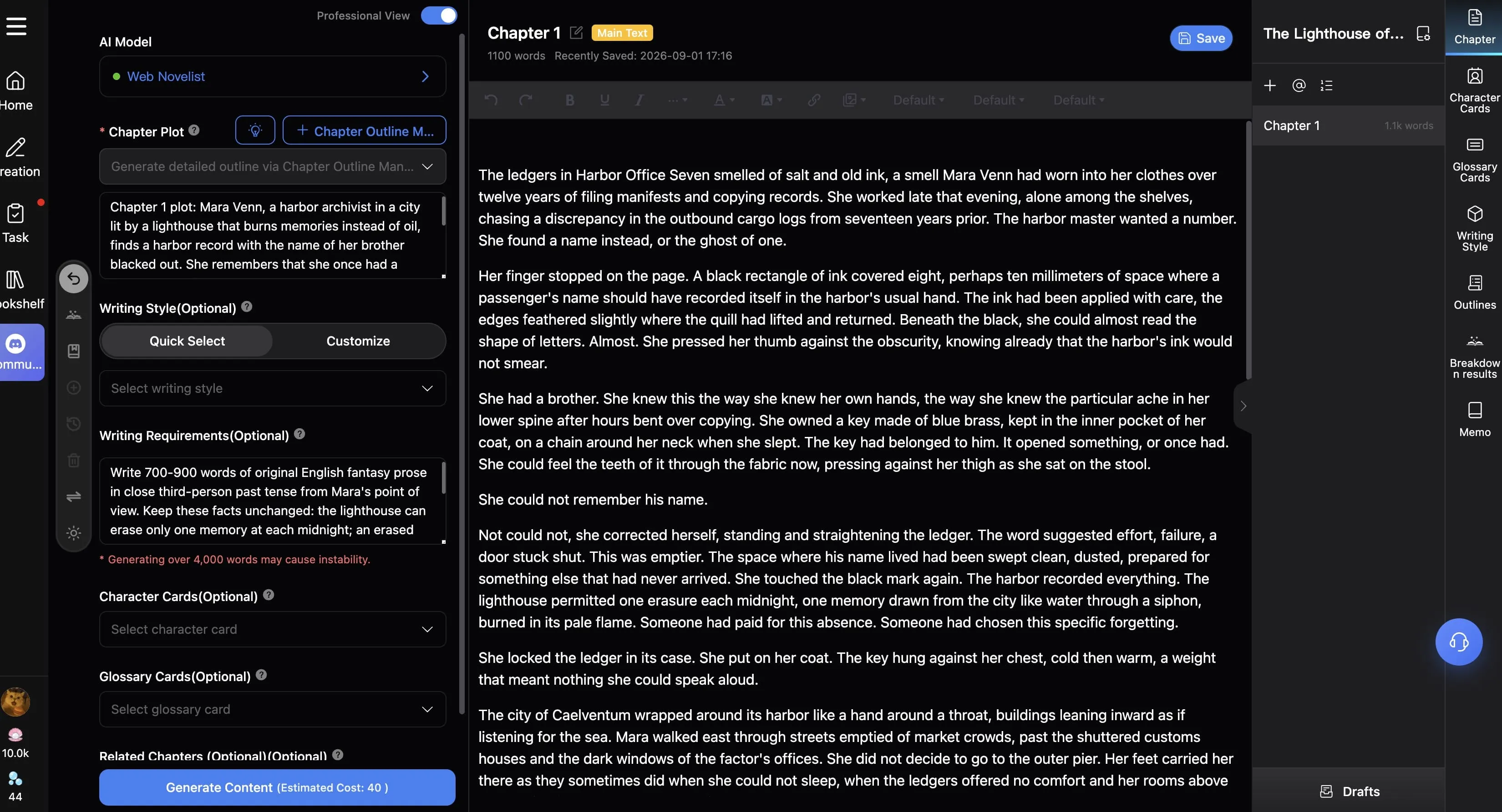 SeaBell logged-in Chapter 1 workspace showing generation settings, manuscript editor, project navigation, and a 1.1k-word chapter