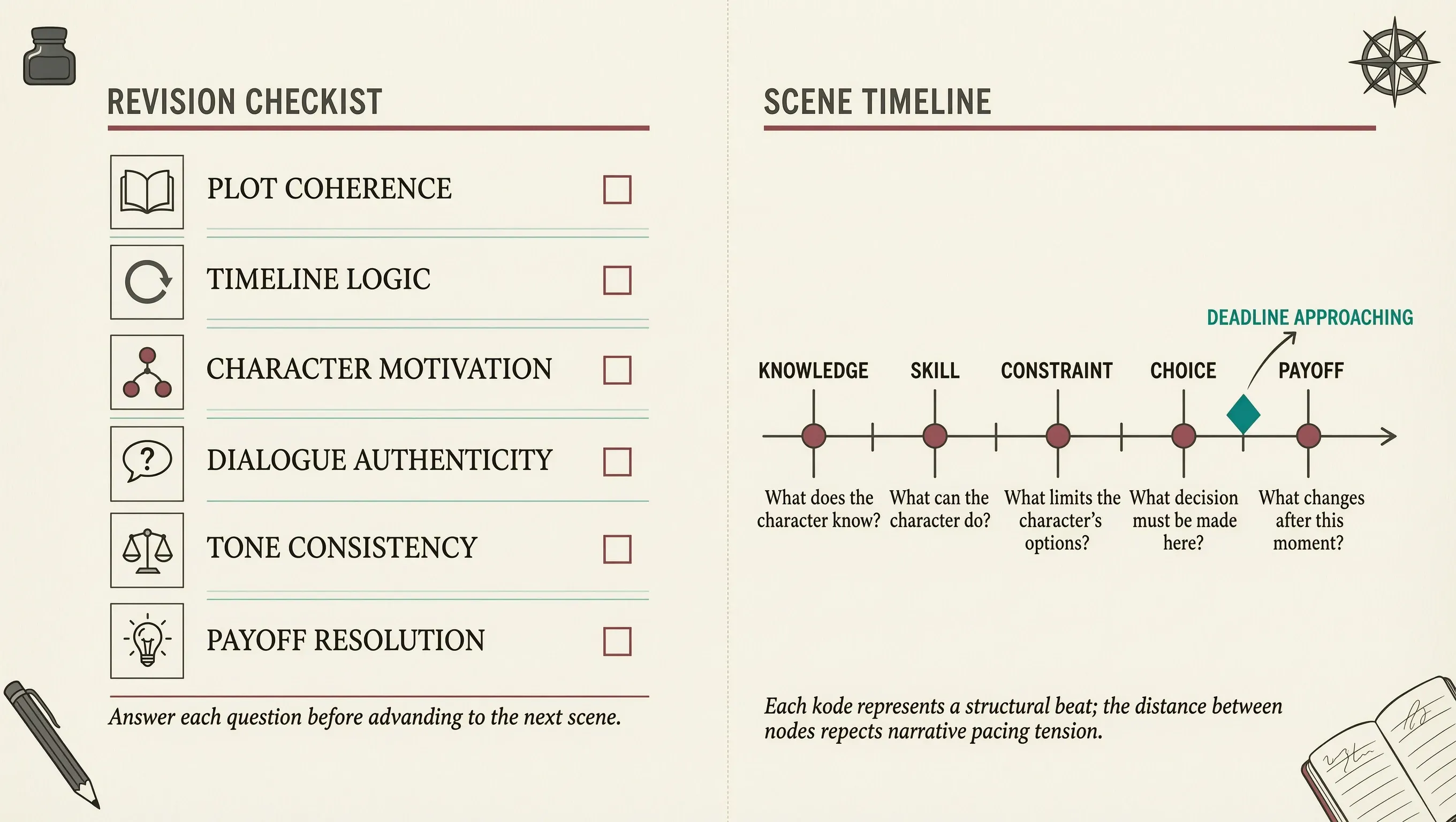 Six-question thriller revision checklist beside a scene timeline and escalating deadline.