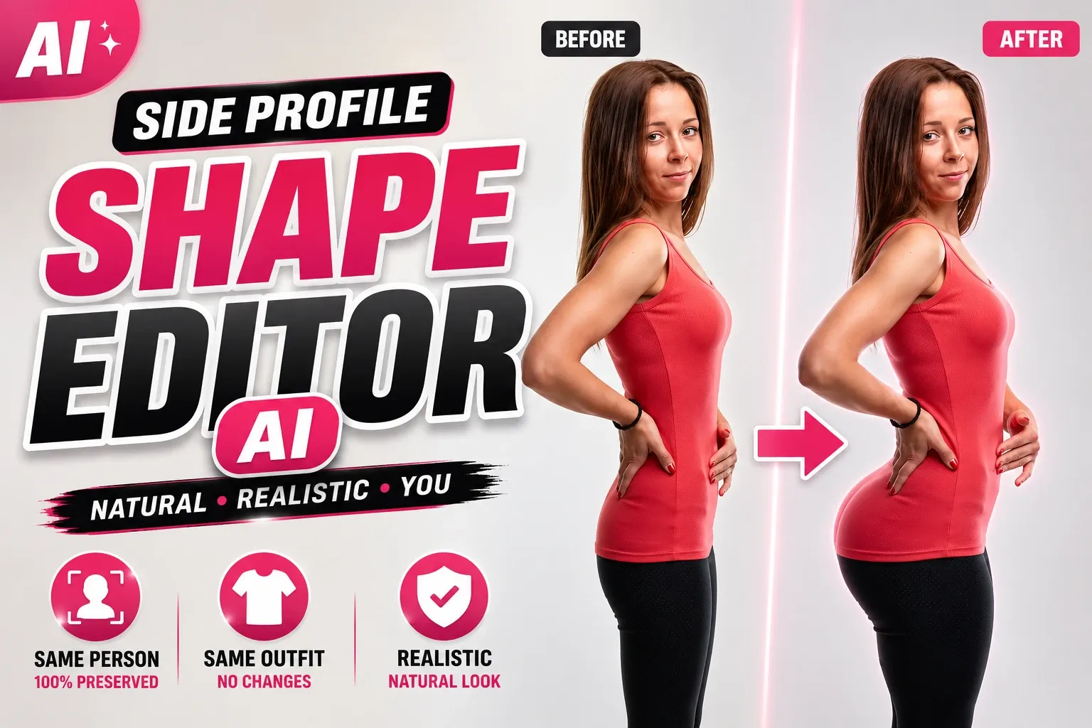 Editor de forma do perfil lateral AI | Transformação corporal realista